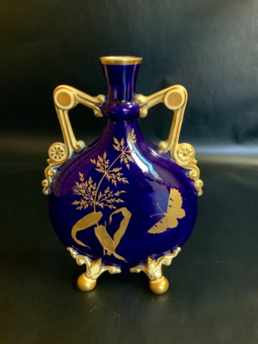 핸드페인트 골드 안 코발 플라스크 베이스  Hand Painted Gold on Cobalt Flask Vase circa 1900