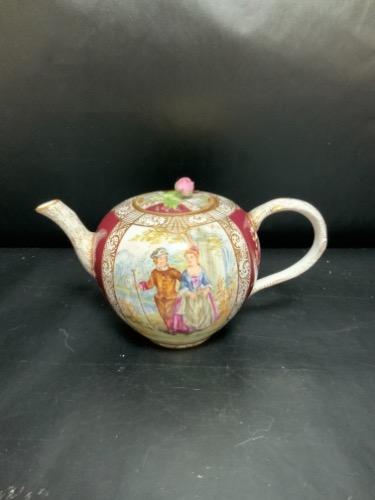 마이센 핸드페인트 명화 풍경 티팟 W/ 장미 로즈 손잡이 Meissen Hand Painted Watteau Scenic Teapot w/ Rose Finial circa 1860