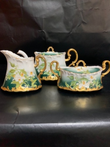 Tressmane &amp; Vogt 리모지 공장 데코 핸드페인트 티팟/크리머/슈거 Tressmane &amp; Vogt Factory Decorated Hand Painted Tea Pot &amp; Sugar &amp; Creamer Set circa 1892-1902