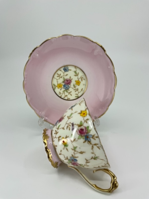 파라곤 핑크 x 프로럴 데미타스 (에쏘잔) 컵&amp;소서  Paragon Pink x Floral Demitasse Cup &amp; Saucer circa 1950