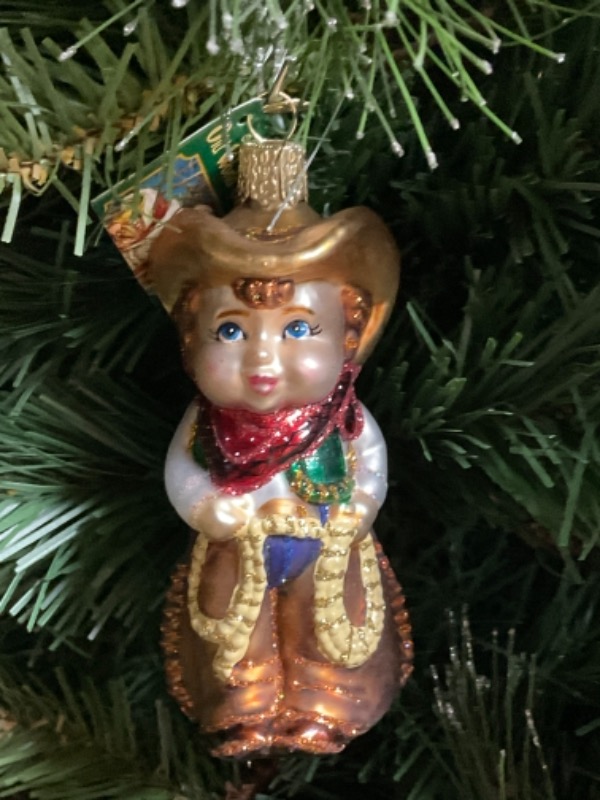 올드 월드 크리스마스 핸드 블로운 / 핸드페인트  &quot;Lil Cowpoke&quot; 크리스마스 트리 장식 2008 Old World Christmas Hand Blown / Painted &quot;lil Cowpoke&quot; Christmas Tree Ornament