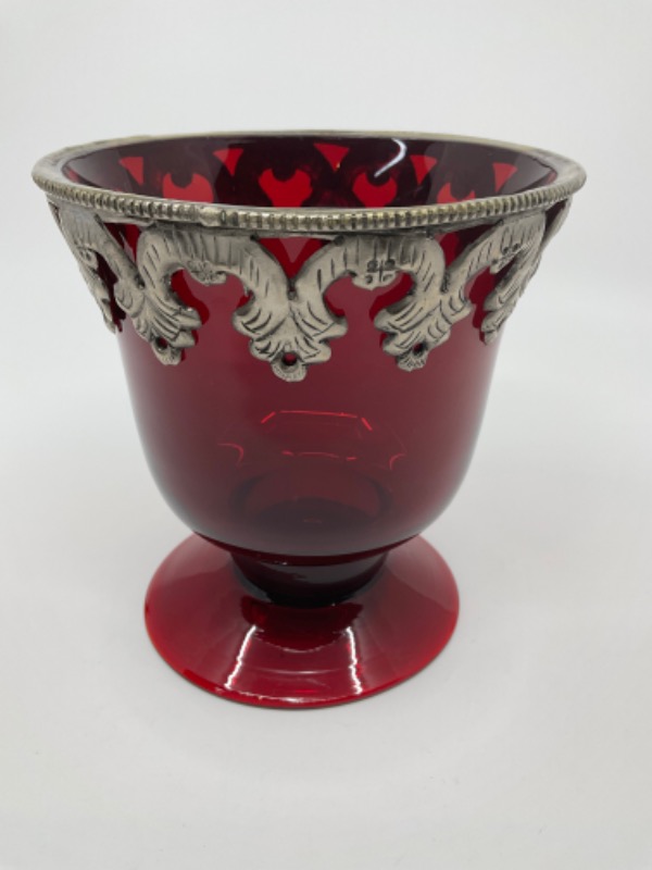 레드 루비 베이스 W/ 메탙 트림 Red Ruby Vase with Metal Trim