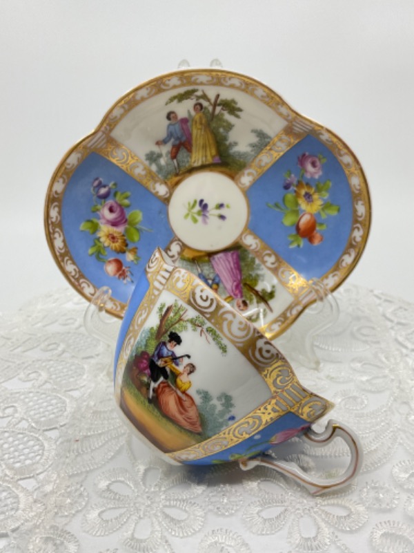 칼 티에메 핸드페인트 콰트로포일 컵 &amp; 소서-있는 그대로-데미지- Carl Thieme Hand Painted Quatrefoil Cup &amp; Saucer circa 1890 - AS IS