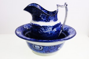 다크 블루 트랜스퍼 웨어 워시 볼 &amp; 피쳐 PEarly Dark Blue Transferware Wash Bowl &amp; Pitcher by Riley circa 1802-1820