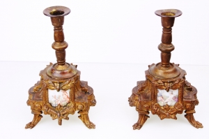 19세기황동 촛대/ 세라믹 인서트19th Century Brass Candlesticks w/ Spelter bases and Hand Painted Ceramic Inserts
