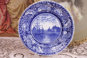 블루우/화이트 트랜스퍼웨어 역사접시1893~1900 Blue &amp; White Transferware Historical Plate by Rowland &amp; Marcellus circa 1893 - 1900