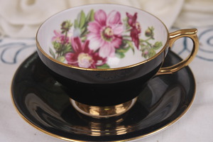윈져 프로럴 블랙 컵&amp;소서 Windsor Floral On Black Cup &amp; Saucer circa 1950