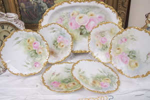 Jean Pouyat 리모지 핸드페인트 7pc 프레터&amp;플레이트 세트 Jean Pouyat Limoges 7 Piece Deep Well Platter Set w/ Lovely Hand Painted Roses - Signed and dated 1908