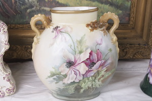 Pouyat 리모지 핸드페이트 드래곤 손잡이 꽃병 1900 / Pouyat Limoges Hand Painted Poppy w/ Dragon Handles Pillow Vase circa 1900