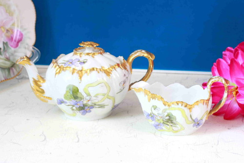 Lanternier 리모지 핸드페인트 작은 티팟 /크리머 !!데미지!! Lanternier Limoges Hand Painted Small Teapot and creamer circa 1900 - AS IS