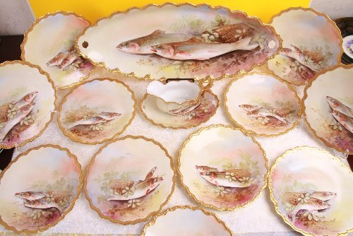 Klingenburg 리모지 핸드페인트 14종 피쉬 세트 !!아주 멋진 대형 싸이즈!! Klingenburg Limoges Hand Painted 14 Piece Fish Set (Artist Signed) circa 1890