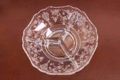 케임브리지 로즈포인트 우아한 유리 3섹션 양념 디쉬 Cambridge Rosepoint Elegant Glass 3 Section Condiment Dish circa 1934 - 1958
