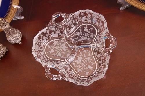 케임브리지 로즈포인트 우아한 유리 3핸들 양념 디쉬 Cambridge Rosepoint Elegant Glass 3 Handle Condiment Dish circa 1934 - 1958