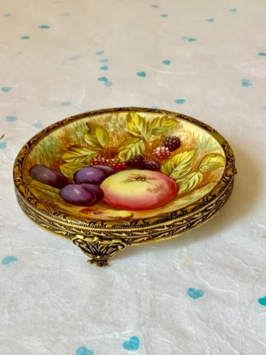 Aynsley &quot;Orchard Fruit&quot; Pin Dish in Metal Frame circa 1950 (signed D. Jones)