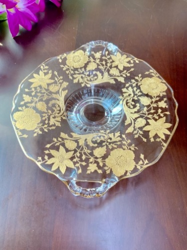 엘러겐 글래스 골드 에치 투핸들 서빙 디쉬 Elegant Glass Gold Etched 2 Handle Serving Dish circa 1930