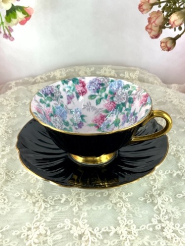쉘리 서머 글로리 블랙 올렌더 티 컵&amp;소서 Shelley &quot;Summer Glory&quot; Black Oleander Tea Cup &amp; Saucer circa 1941 - 1966