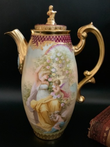 드레스덴 핸드페인트 커피팟 - 화려한- Dresden Hand Painted Coffee Pot circa 1890 - GORGEOUS!!!!