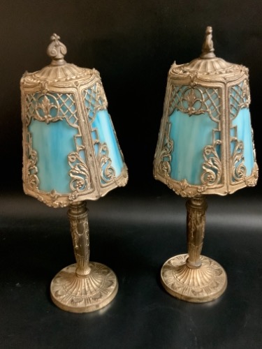 메탈 슬래그 글래스 램프-한쌍- Pair of Cast Slag Glass Lamps circa 1930