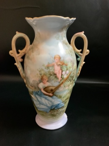 빅토리언 핸드페인트 투핸들 풍경 베이스-있는 그대로 (칩) Victorian Hand Painted 2 Handle Vase circa 1890 - AS IS (chip)