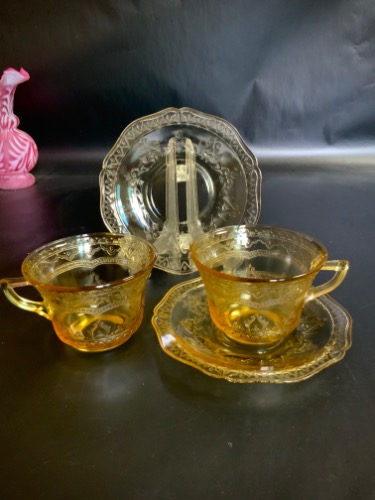 옐로우 디프레션 글래스 컵&amp;소서 Yellow Depression Glass Cup &amp; Saucer circa 1930