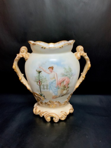 Pouyat 리모지 핸드페인트 풍경 투핸들 베이스 Pouyat Limoges Hand Painted Scenic 2 Handled Vase circa 1890