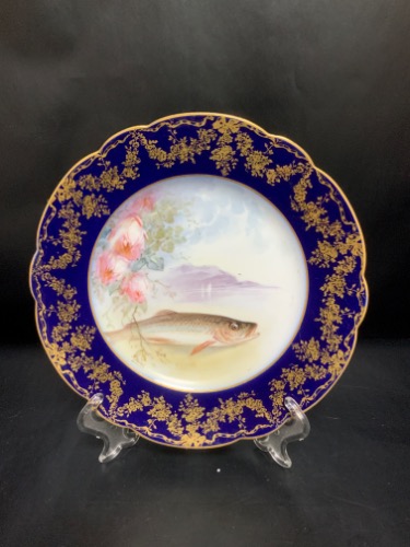 Delinieres 리모지 공장 데코 &amp;아티스트 서명 코발 블루 피쉬 플레이트 Delinieres Limoges Factory Decorated &amp; Artist Signed Cobalt Fish Plate dated 1893 - #2