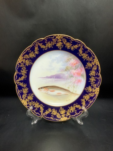 Delinieres 리모지 공장 데코 &amp;아티스트 서명 코발 블루 피쉬 플레이트 Delinieres Limoges Factory Decorated &amp; Artist Signed Cobalt Fish Plate dated 1893 - #3