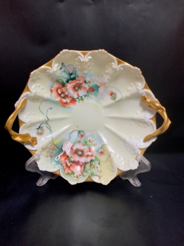 J Pouyat 리모지 투핸들 볼 W/핸드페인트 양귀비 J Pouyat Limoges High Relief 2 Handled Bowl with Hand Painted Poppy circa 1890