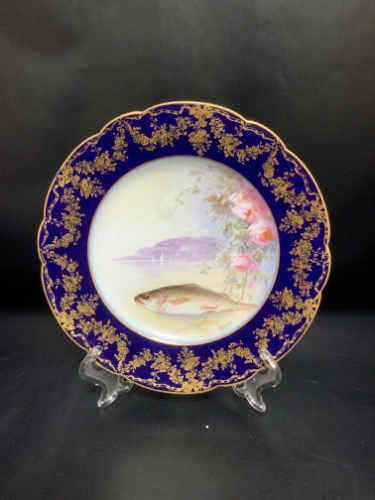 Delinieres 리모지 공장 데코 &amp;아티스트 서명 코발 블루 피쉬 플레이트 Delinieres Limoges Factory Decorated &amp; Artist Signed Cobalt Fish Plate dated 1893 - #1