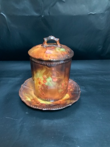 엘리트 리모지 핸드페인트 양념단지 1896 ~1920 Elite Limoges (Bawo &amp; Dotter) Condiment Jar w/ Underplate 1896-1920