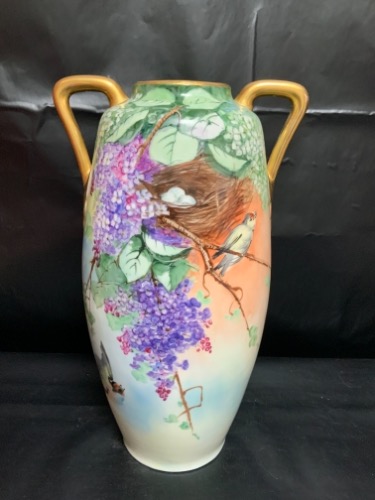라지 빅토리언 핸드페인트 투핸들 베이스 Large Victorian Hand Painted 2 Handled Vase circa 1900