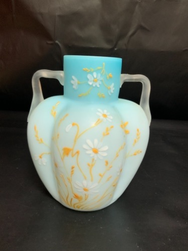 새틴 유리 에나멜 꽃병 Cased Satin Glass Enameled Vases w/ Applied Handles circa 1880