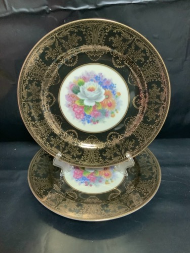 Gorgeous Hand Painted Floral Gold on Black Cabinet Plate Circa 1930 &#039;.