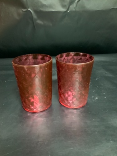 크랜베린 글래스 퀄트 페턴 컵 한쌍 -있는 그대로- Pair of Cranberry Glass Quilt Pattern Glass Cups - AS IS