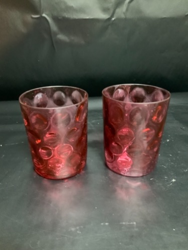 크랜베리 코인 도트 페턴 글래스 컵-있는 그대로- Pair of Cranberry Coin Dot Pattern Glass Cups- AS IS