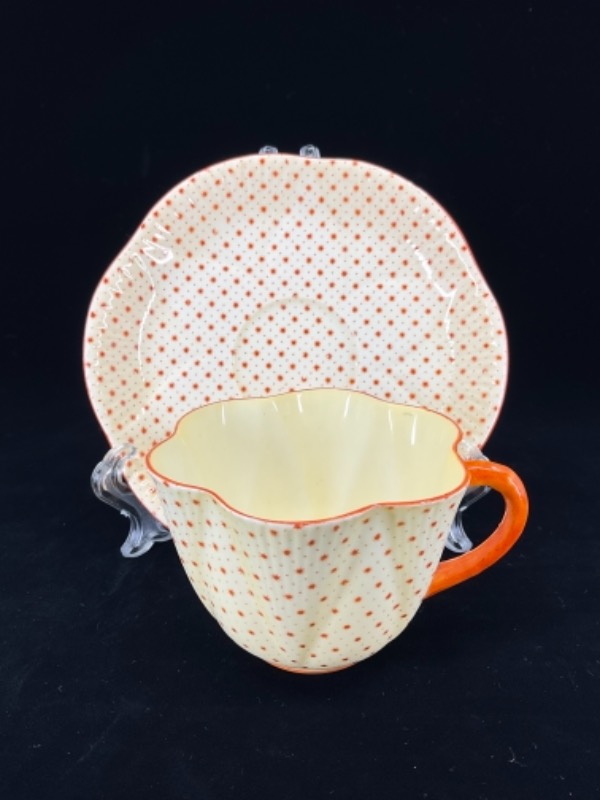 쉘리 오렌지 안 옐로우 칼러 “Polka Dot” 페턴 데인티 쉐입 컵&amp;소서 Shelley Orange on Yellow Color &quot;Polka Dot&quot; Pattern on Dainty Shape Cup &amp; Saucer circa 1920