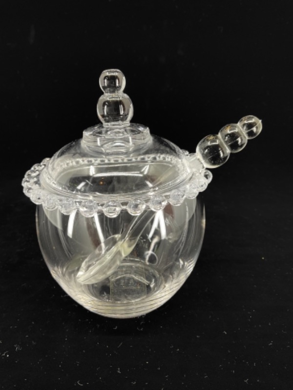 임페리얼 캔들윅 엘러겐트 글래스 겨자 잘 W/스픈 Imperial Candlewick Elegant Glass Mustard Jar w/ Spoon circa 1950