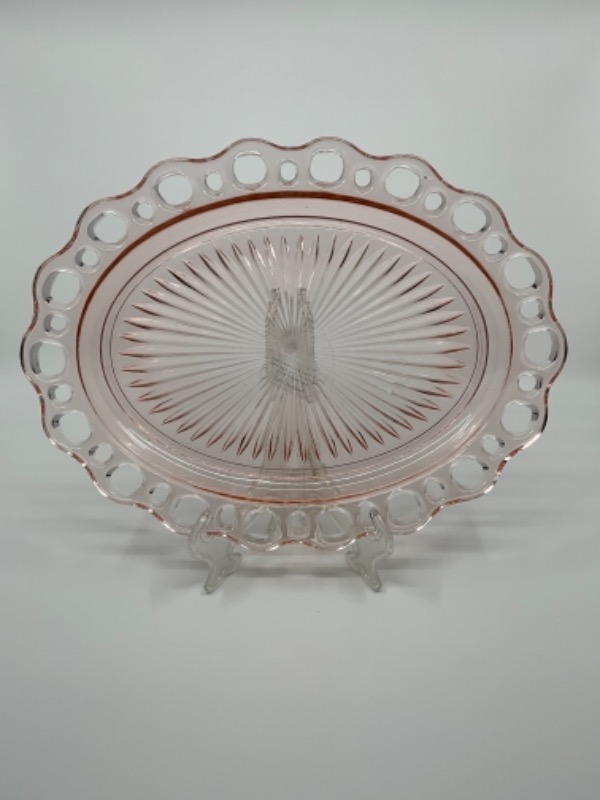 앵커 호킹 “Old Colony&quot; 핑크 디프레션 글래스 서빙 플레터-있는 그대로-(칩) Anchor Hocking &quot;Old Colony&quot; Pink Depression Glass Serving Platter circa 1930 - AS IS