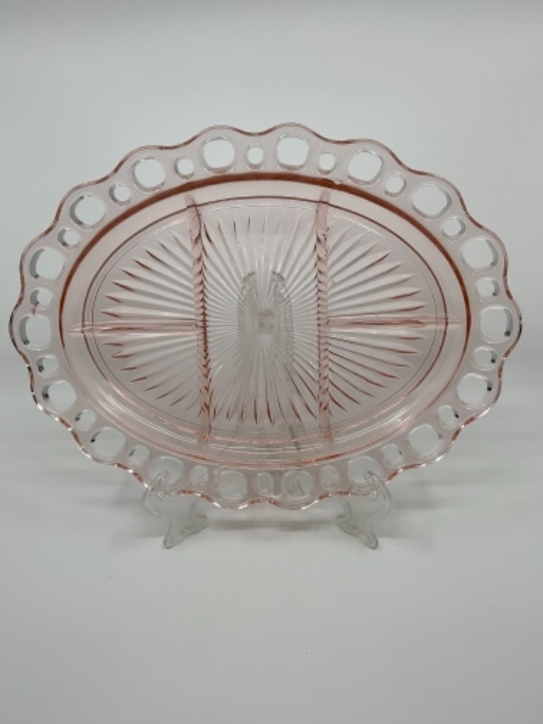 앵커 호킹 “Old Colony&quot; 핑크 디프레션 글래스 5섹션 서빙 플레터 Anchor Hocking &quot;Old Colony&quot; Pink Depression Glass Divided Serving Platter circa 1930 - AS IS