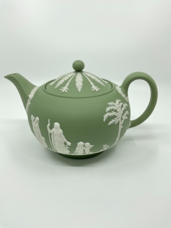 웨지우드 티어 그린 제스퍼웨어 티팟-있는 그대로-(칩) Wedgwood Teal Green Jasperware Teapot circa 1969 - AS IS