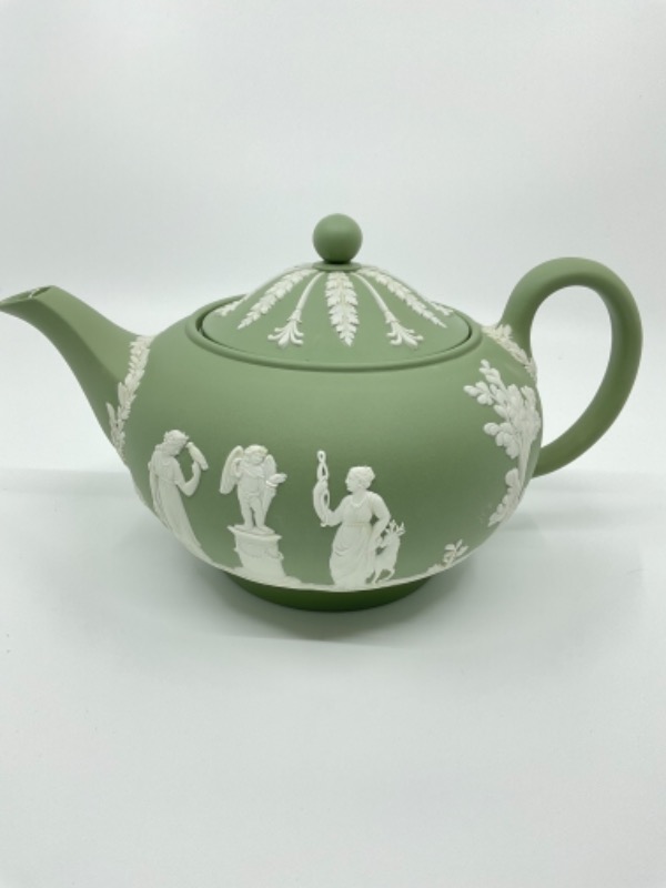 웨지우드 티어 그린 제스퍼웨어 티팟 Wedgwood Teal Green Jasperware Teapot circa 1955