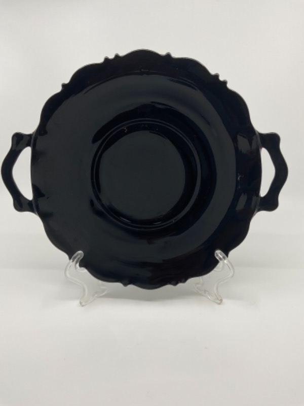L E Smith 블랙 자주빛 글래스 서빙 플레이트 L E Smith Black Amethyst Glass  Serving Plate circa 1920