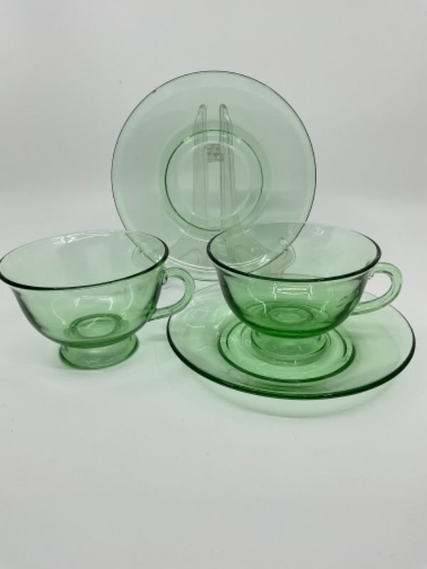 포스토리아 그린 “Pioneer Pattern&quot; 컵 &amp; 소서 Fostoria Green &quot;Pioneer&quot; Cup &amp; Saucer circa 1930