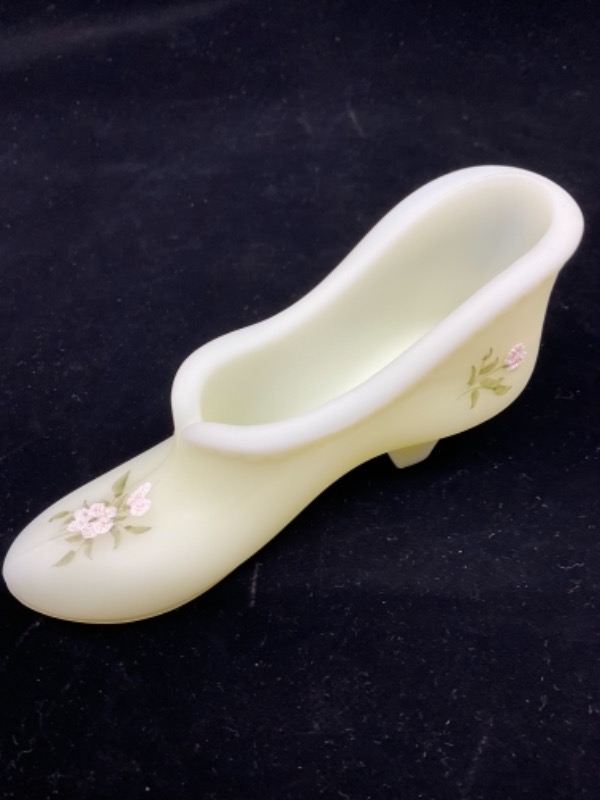 펜톤 핸드페인트 커스타드 바셀린 아트 글래스 슈즈 Fenton Hand Painted Custard Vaseline Art Glass Shoe