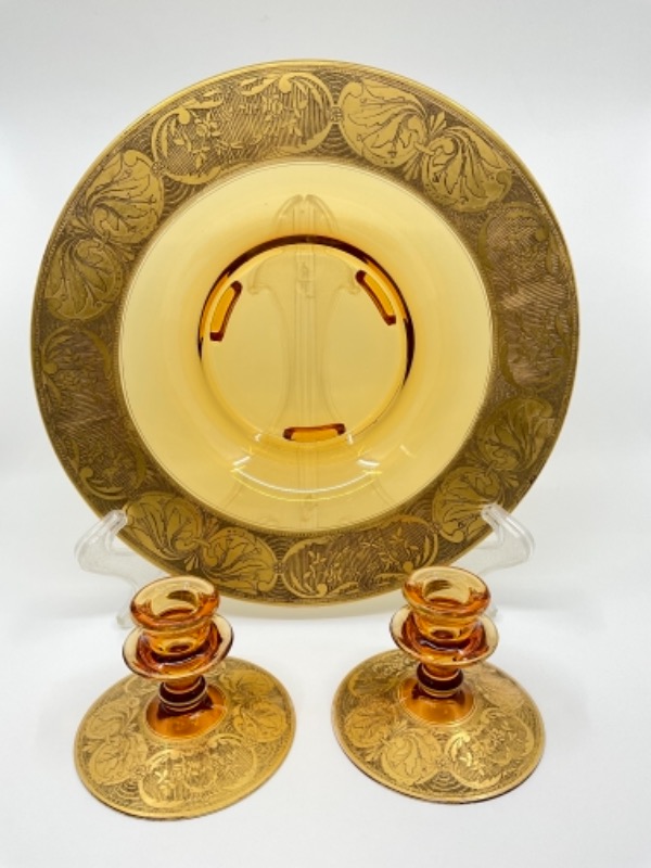 포스토리아 에칭 골드 온 앰버 아트 글래스 콘솔 세트 Fostoria Etched Gold on Amber Art Glass Console Set circa 1930