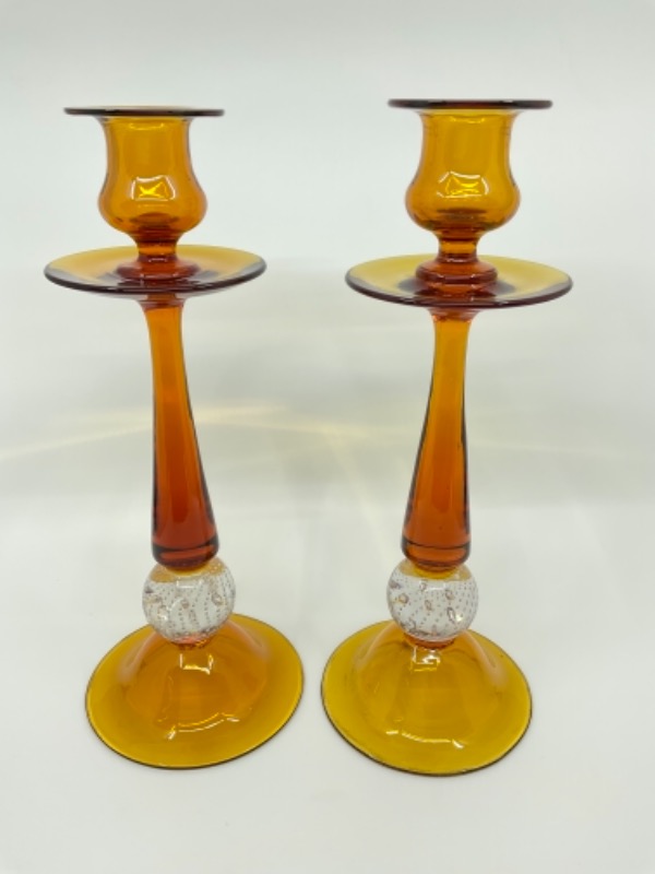 페어포인트 앰버 컨트롤드 버블 아트 유리 촛대-한쌍 Pairpoint Amber Controlled Bubble Art Glass Candlesticks (Pair) circa 1920