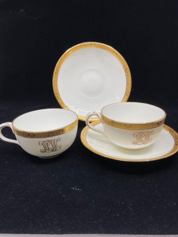 콜돈 골드 엔크러스트/모노그램 컵 &amp; 소서 Cauldon Gold Encrusted and Monogram Coffee Cup &amp; Saucer circa 1900