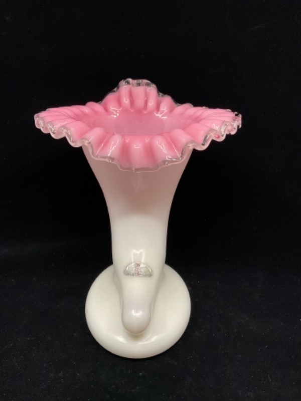 Fenton Pink/White Cased Glass Cornucopia Vase 1939-1947 - Original Foil Label!