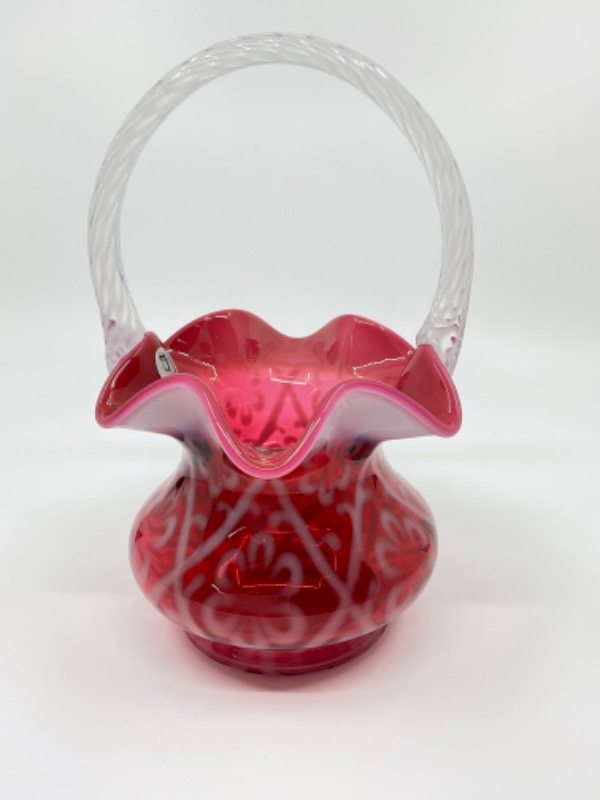 펜톤 크랜베리 오팔레슨 아트 글라스 핸드페인트 바스켓-아티스트 조지 펜톤- Fenton Cranberry Opalescent Art Glass Basket 2001 - Signed by George Fenton!!