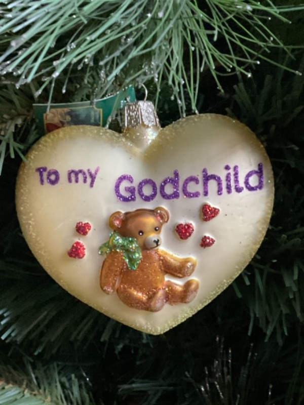 올드 월드 크리스마스 핸드 블로운 / 핸드페인트 &quot;Godchild Heart&quot; 크리스마스 트리 장식 2018 Old World Christmas Hand Blown / Painted &quot;Godchild Heart&quot; Christmas Tree Ornament